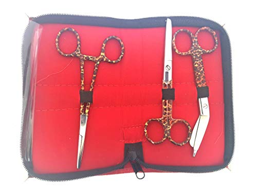 Set of Three: Bandage Scissors, Nurses Scissors + Forceps in Leopard Design