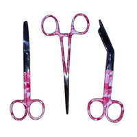 Set of Three: Bandage Scissors, Nurses Scissors + Forceps in Pink Lace Hearts Design